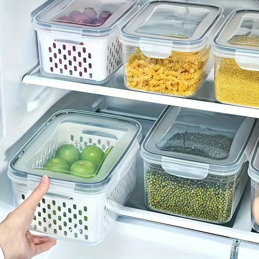 9pcs/Set Food Storage Containers With Drain Baskets And Lids - Leak-Proof, Fridge, Reusable Multi-Purpose Kitchen Storage Boxes For Fruits, Vegetables And Food. 3 Containers, 3 Drain Baskets, 3 Lids.