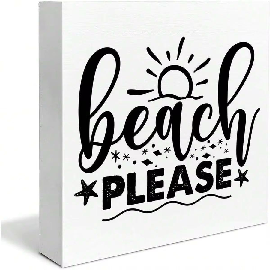1pc 5*5inch(12.4*12.4cm) Beach Wooden Box Sign Beach House Decor Salty Beach Square Wood Sign Desk Decoration Rustic Coastal Wood Block Box Sign For Shelf Home