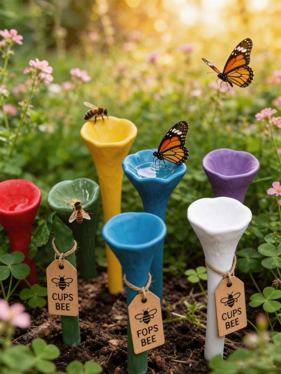 5pcs Colorful Bee Watering Set, Bee & Insect Drinking Cup, Multicolor Bee Watering Station With Wooden Base, Suitable For Outdoor, Garden, Balcony, Potted Plants, Creative Gardening Decor, Practical Gardening Tool