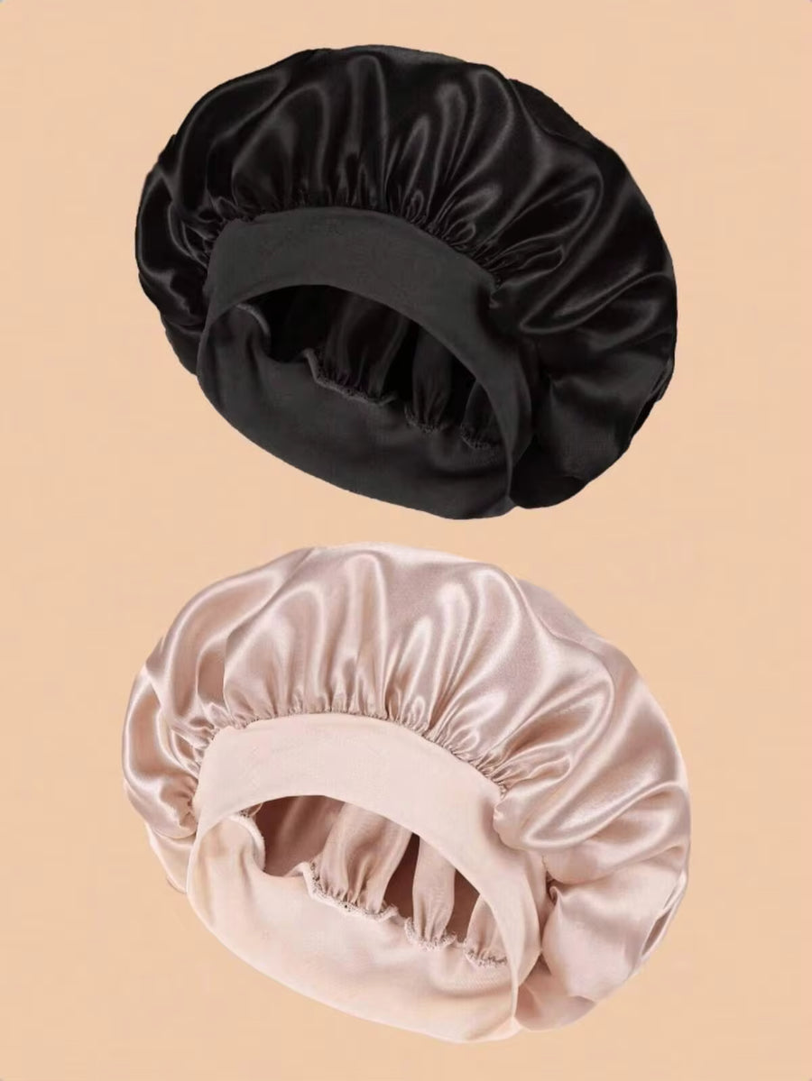 2pcs Luxury Silk Satin Sleep Caps, Solid Color, Elastic Hair Protection Caps, Lightweight Comfortable For All-Night Wear, Hair Care, Shower, Gentle Fit To Scalp