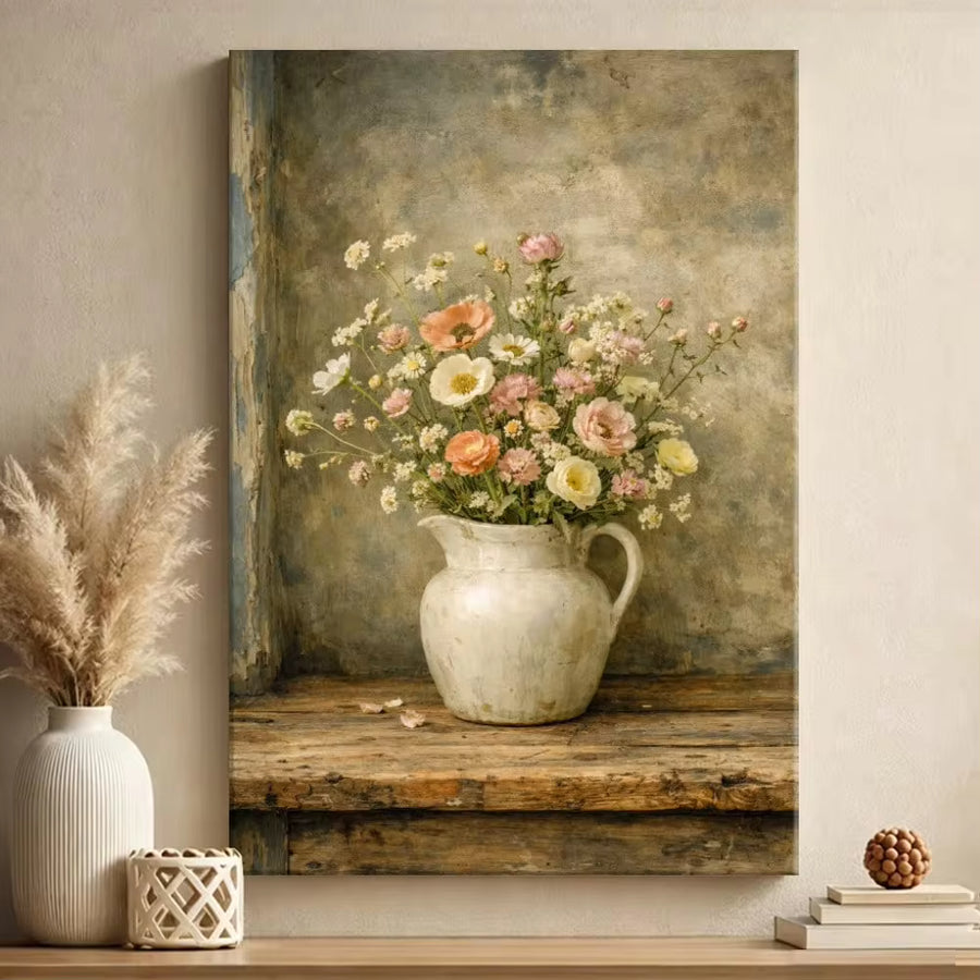 Modern Minimalist Floral Bouquet In A Rustic Pitcher, Vintage Still Life Art Style. Gallery Wrapped Canvas Wall Art